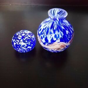Art Glass Handblown Vase and Paperweight Set Ocean Vibes